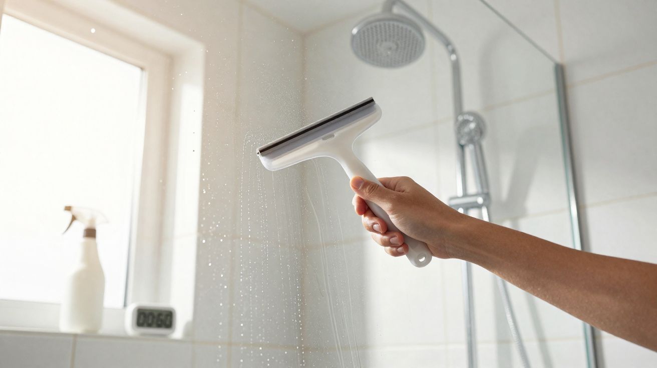 Hand using white squeegee to clean water droplets off a glass shower door in a bathroom.