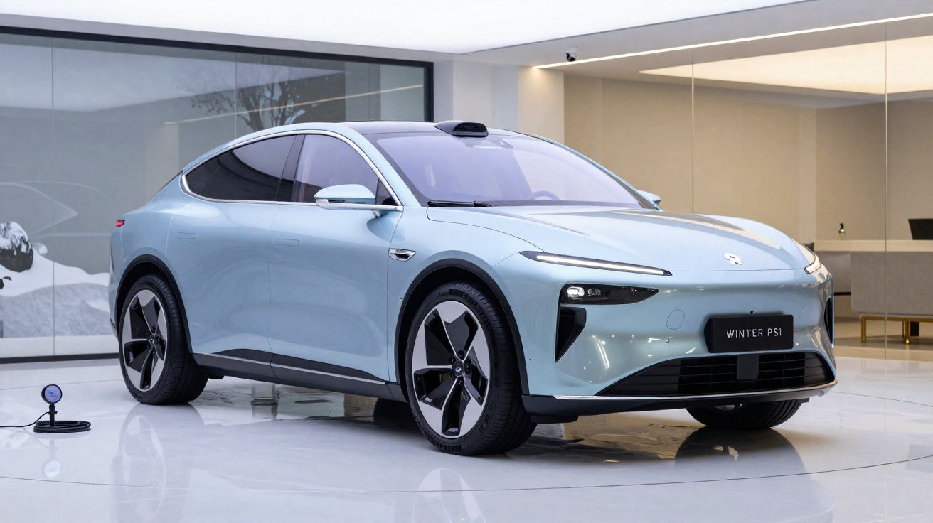 Light blue sleek electric car displayed indoors with modern design and black alloy wheels.