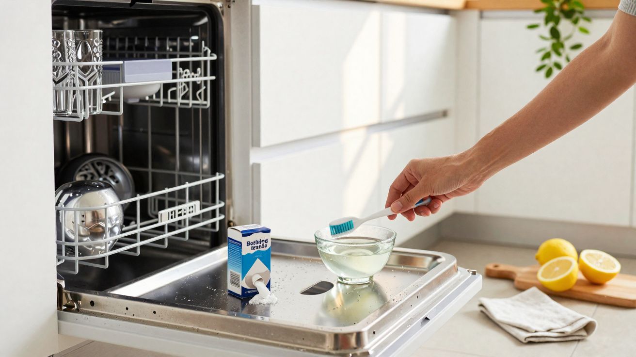 A hand dipping a toothbrush into a bowl of baking soda and water on an open dishwasher door with lemon halves nearby.