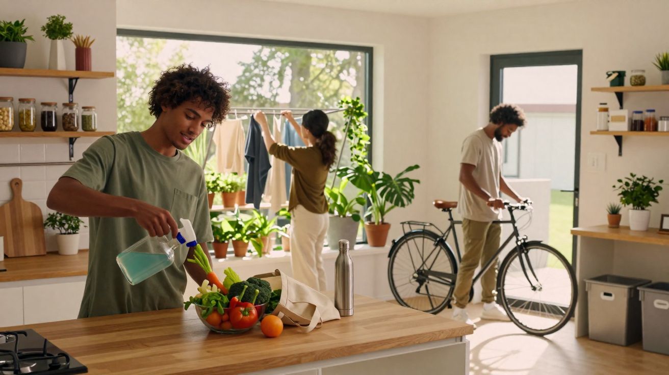 Three people in a bright kitchen; one sprays vegetables, another hangs clothes, and a third with a bicycle.