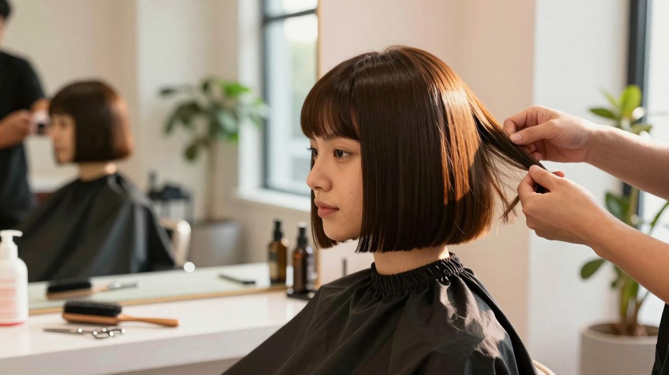 Hairdresser examining a woman’s short brown bob haircut in a bright salon with mirror and plants.