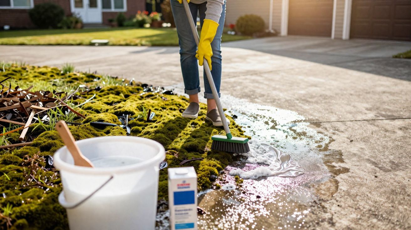 Person wearing yellow gloves scrubbing moss off a driveway with a brush and bucket of cleaning solution.