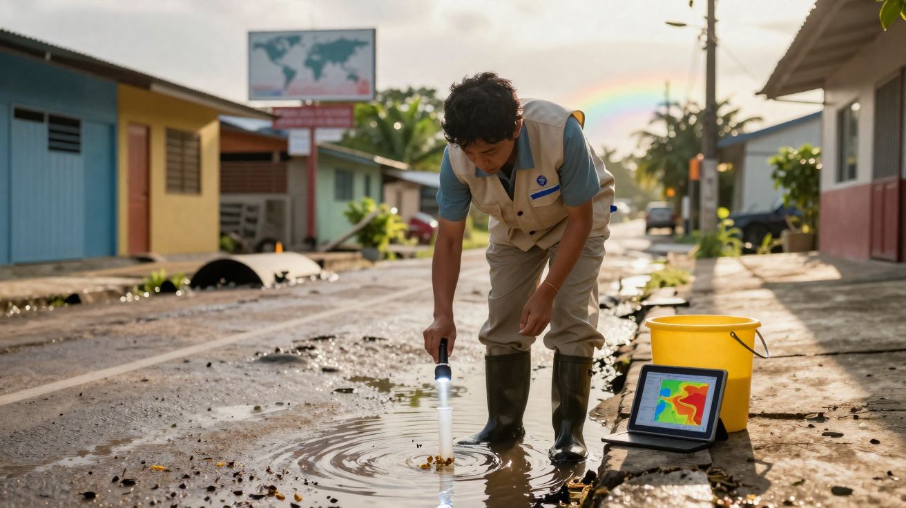 Person in boots testing water in a puddle with a device beside a tablet displaying a colorful map on a wet street.