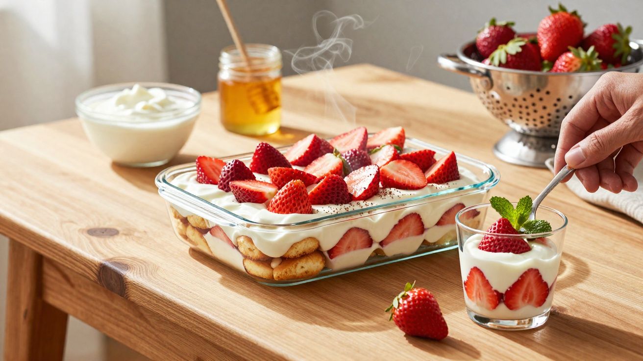 Glass dish and glass cup of strawberry tiramisu with fresh strawberries, cream, honey, and a person holding a spoon.