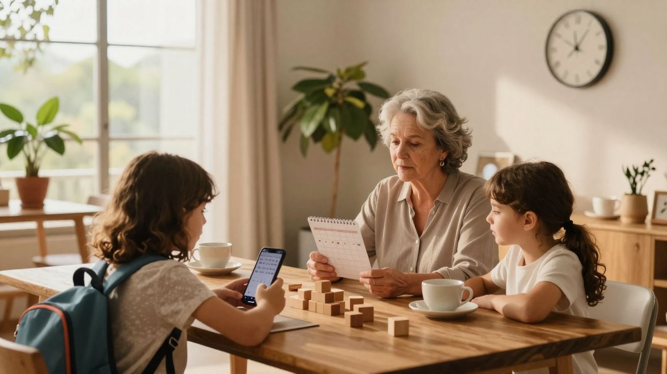 Elderly woman teaching two children at a wooden table using blocks and a calendar in a bright room.