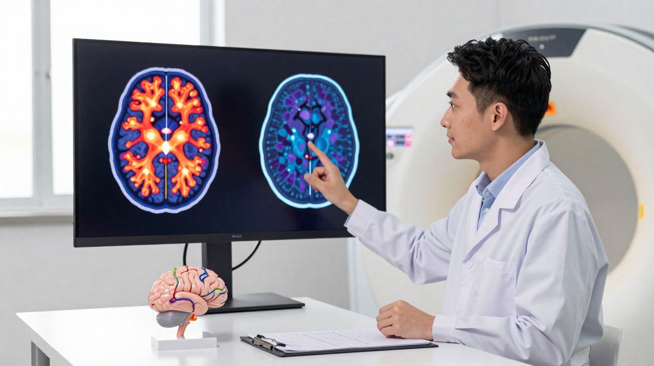 Doctor analysing colourful brain scan images on a monitor in a medical office with a brain model on the desk.