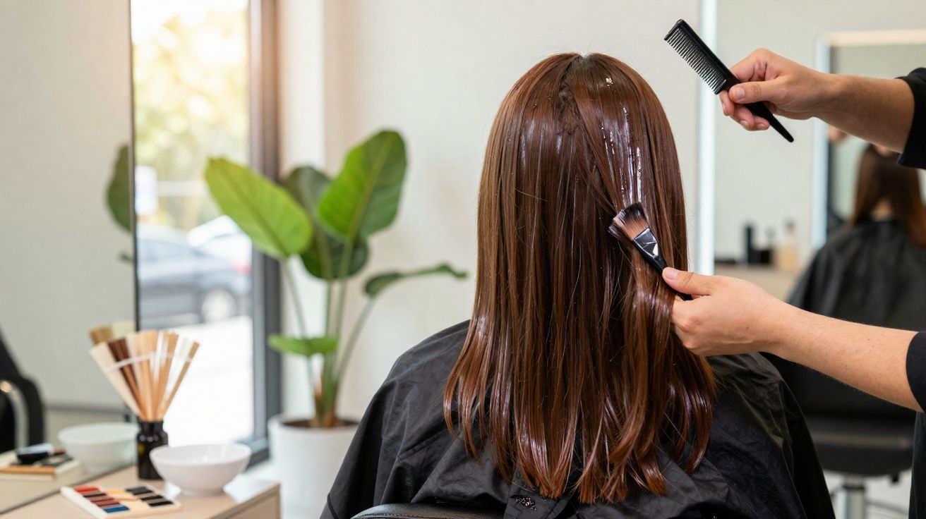 Hairdresser applying hair dye with a brush to a client's long brown hair in a salon.