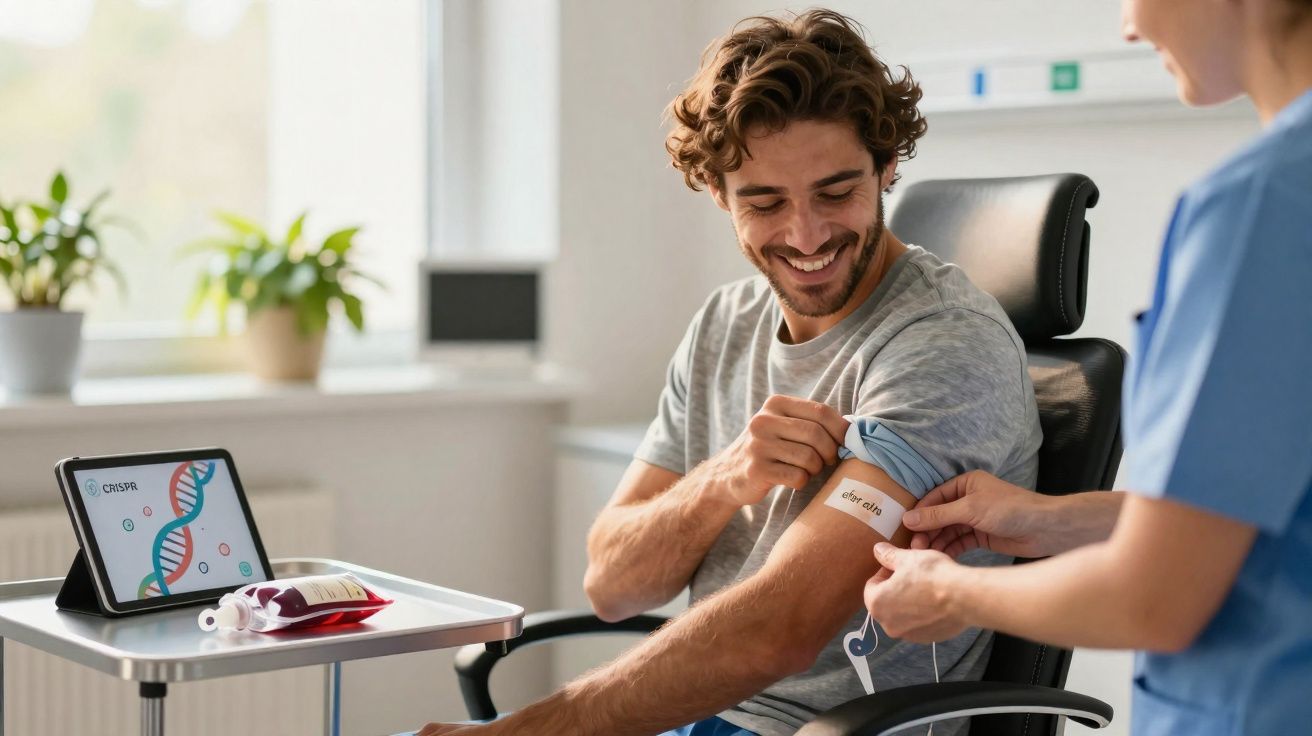 Man smiling as nurse places a blood donation bandage on his upper arm in a bright medical room.