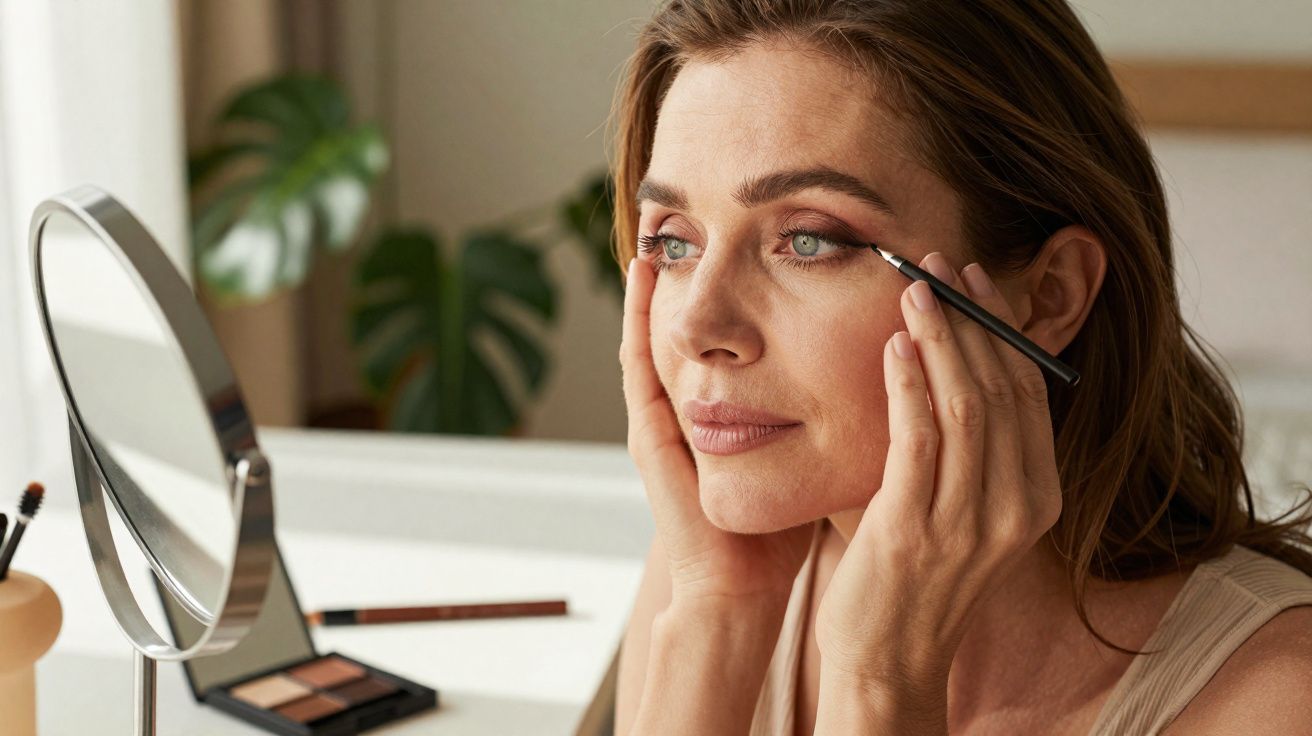 Woman applying eyeliner while looking in a round mirror on a white vanity table with makeup items nearby