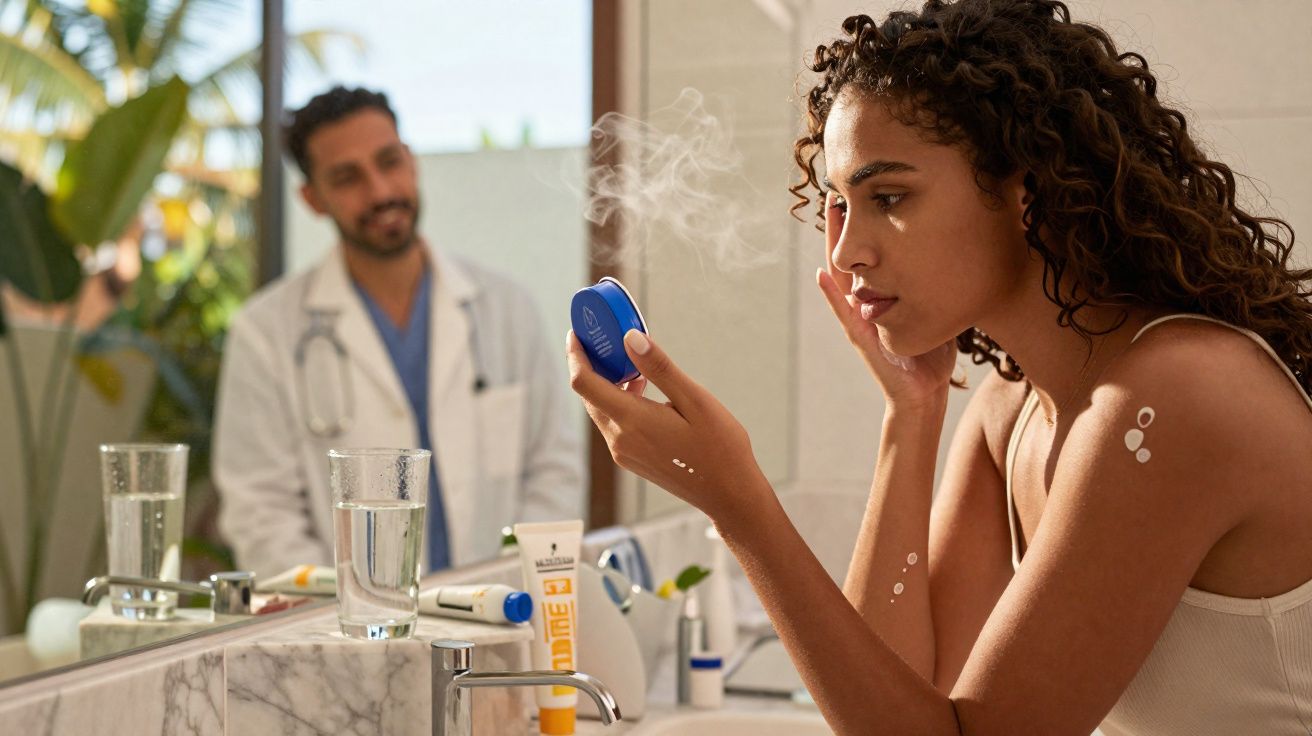 Woman applying skincare with a doctor observing through a bathroom mirror, with skincare products on the counter.