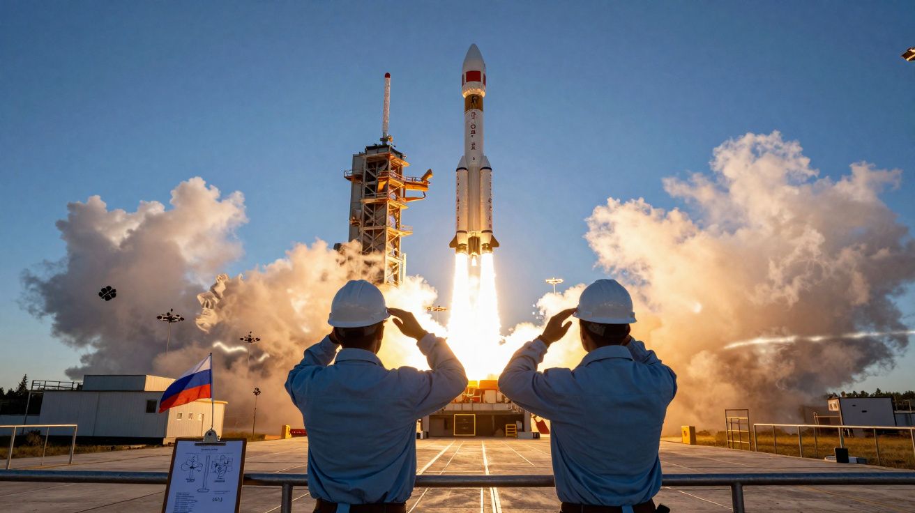 Two engineers in hard hats watch a rocket launch at dusk with flames and smoke billowing from its engines.