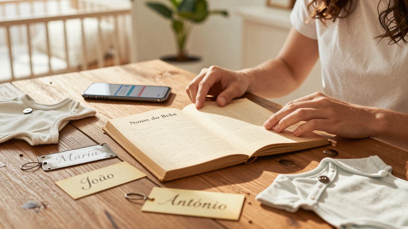 Person reading a baby name book at a wooden table with baby clothes and name tags nearby.