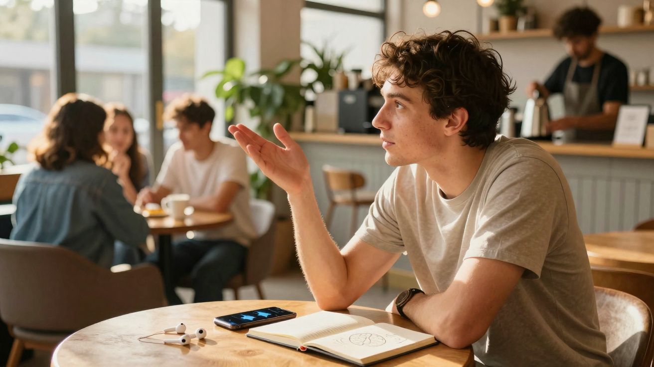 Young man discussing with others in a café, sitting at a table with a notebook, phone, and earphones.