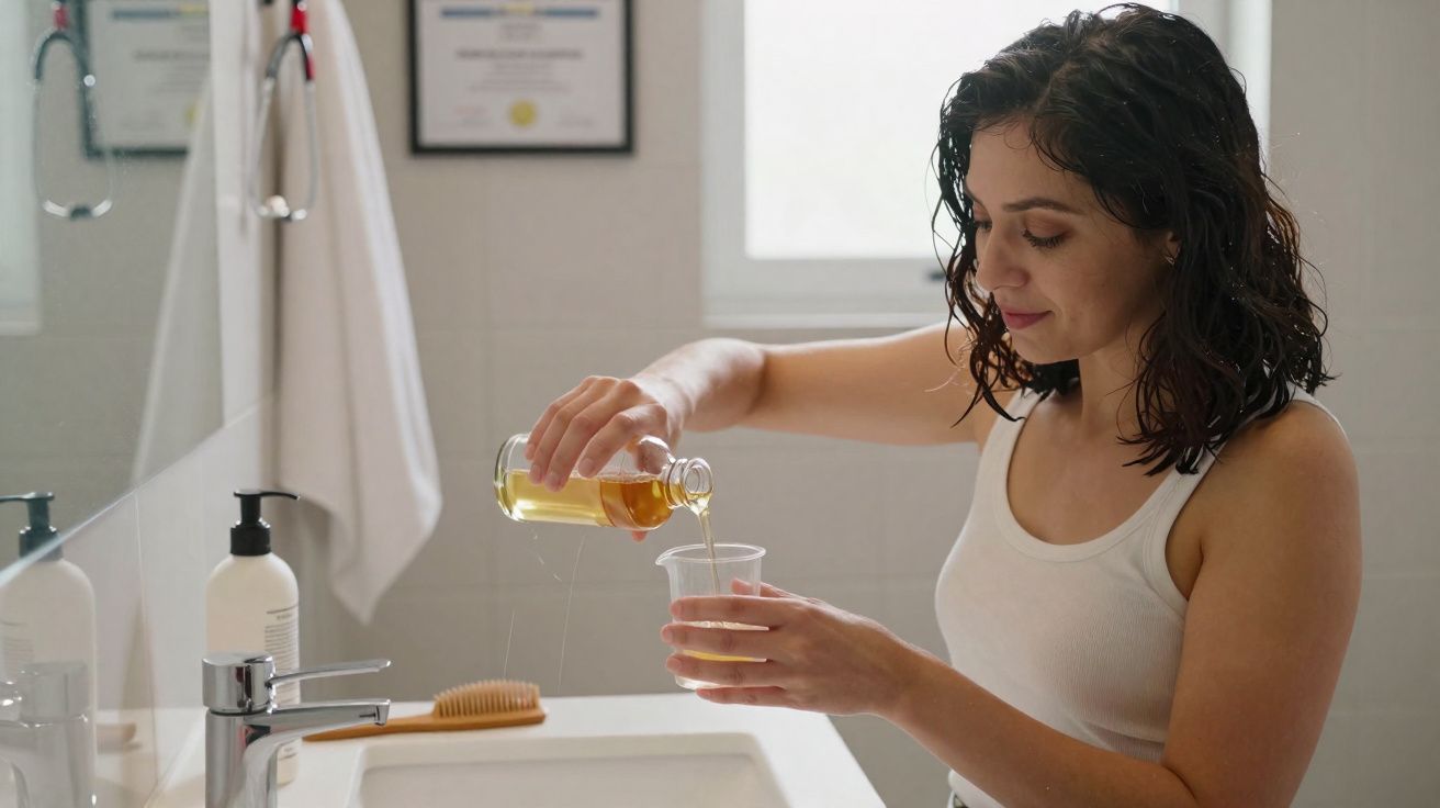 Woman pouring liquid from bottle into plastic cup in bathroom with certificates on wall