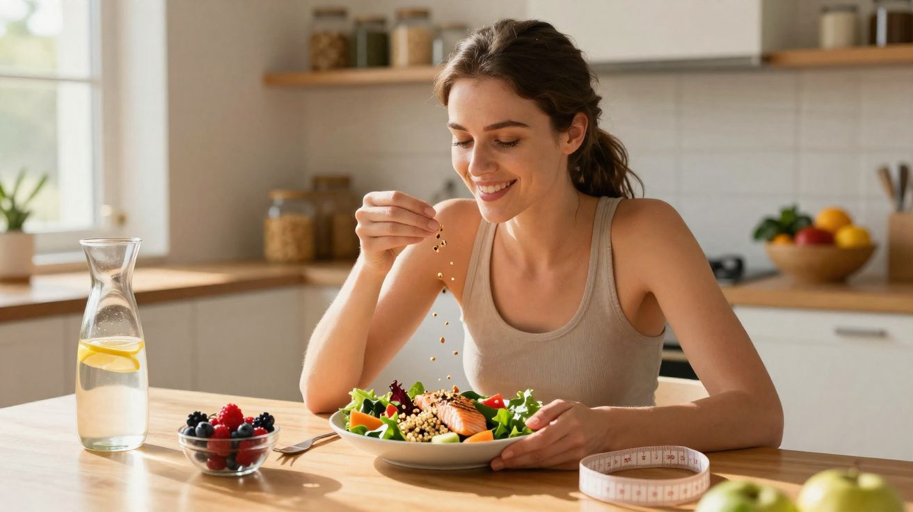 Smiling woman sprinkling seeds on a healthy salad at a kitchen table with fruit and water nearby.