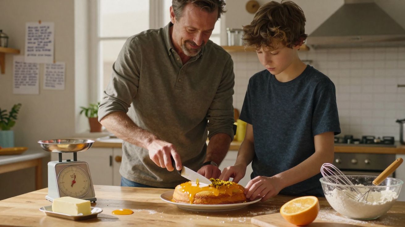 Father and son cutting a cake together in a kitchen with baking ingredients on the counter.