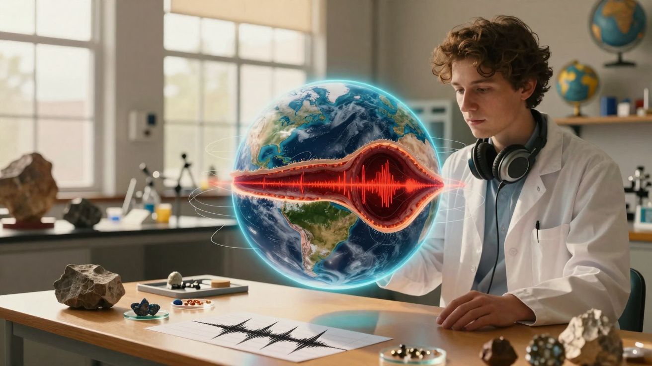 Scientist in lab coat analysing a digital Earth globe with a red seismic waveform overlay in a science classroom.