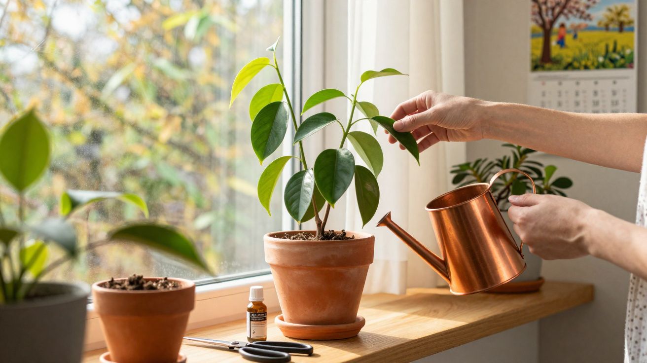 Person watering a green houseplant in a terracotta pot on a sunny windowsill.