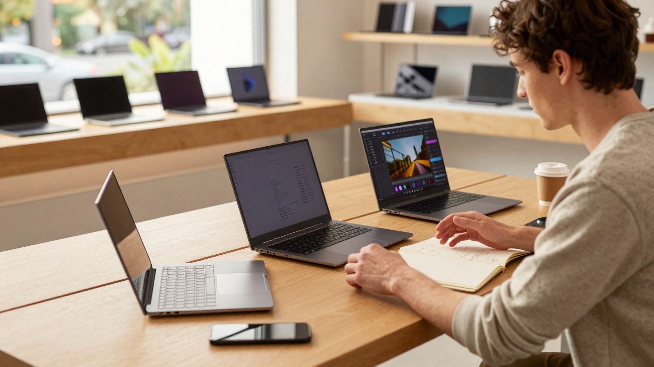 Person sitting at a wooden table with three open laptops, a smartphone, and a notebook in a modern store setting.