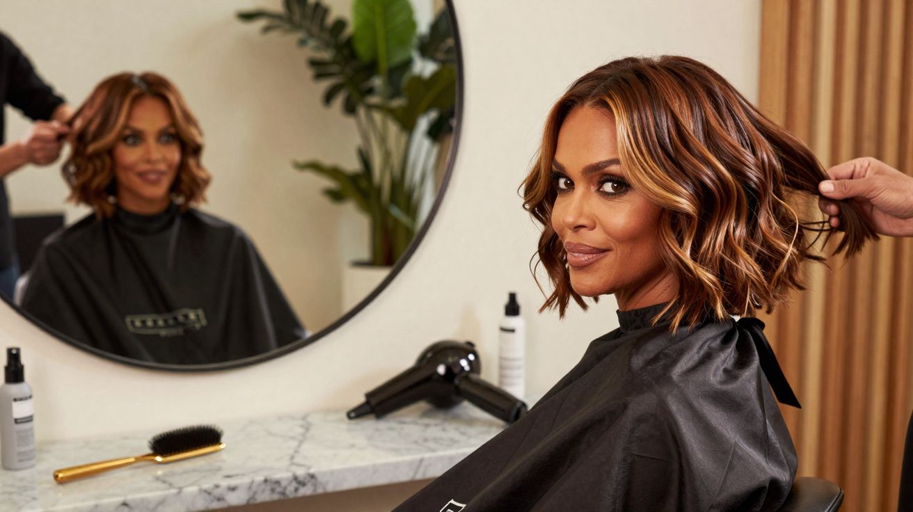 Woman with styled shoulder-length wavy hair sitting in salon chair, smiling, with hairdresser's hand adjusting her hair.