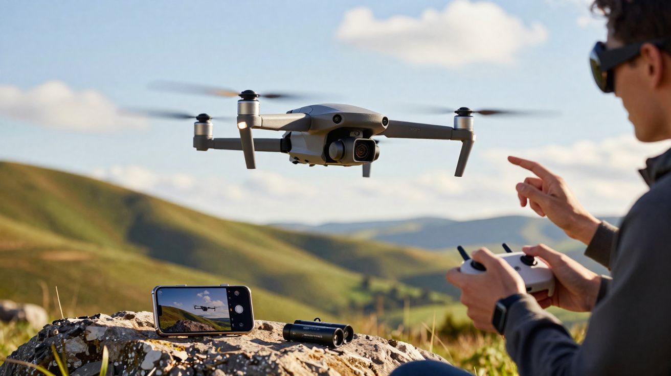 Person flying a grey drone outdoors over rocky terrain with a phone and binoculars on a rock nearby.