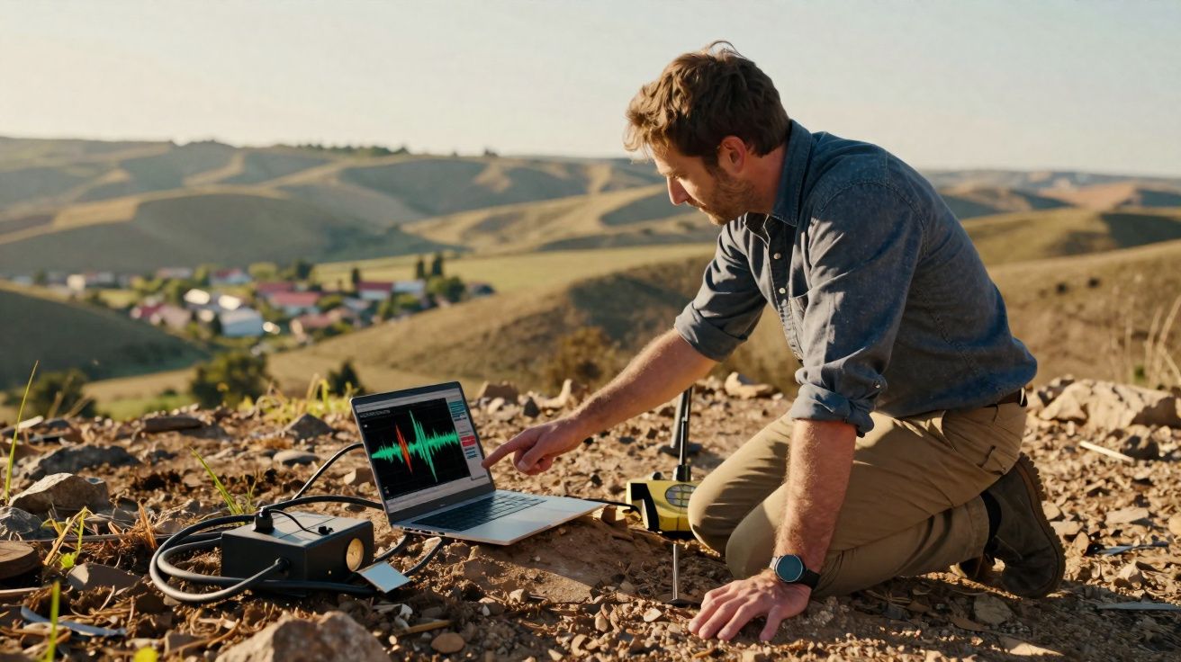 Man using laptop with seismic monitoring equipment on rocky hillside overlooking rural landscape.