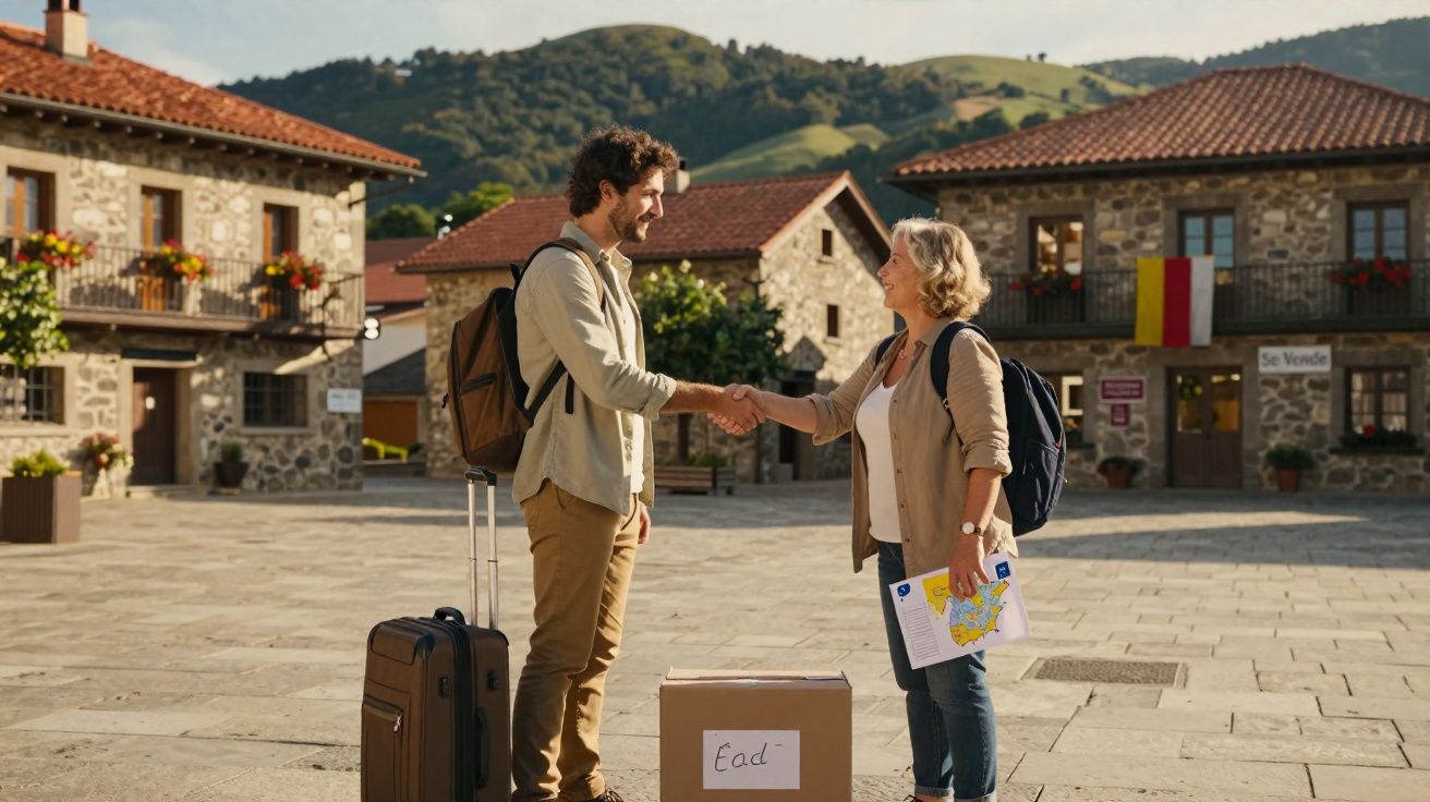 Two travellers shaking hands in a village square with suitcases and a cardboard box between them.