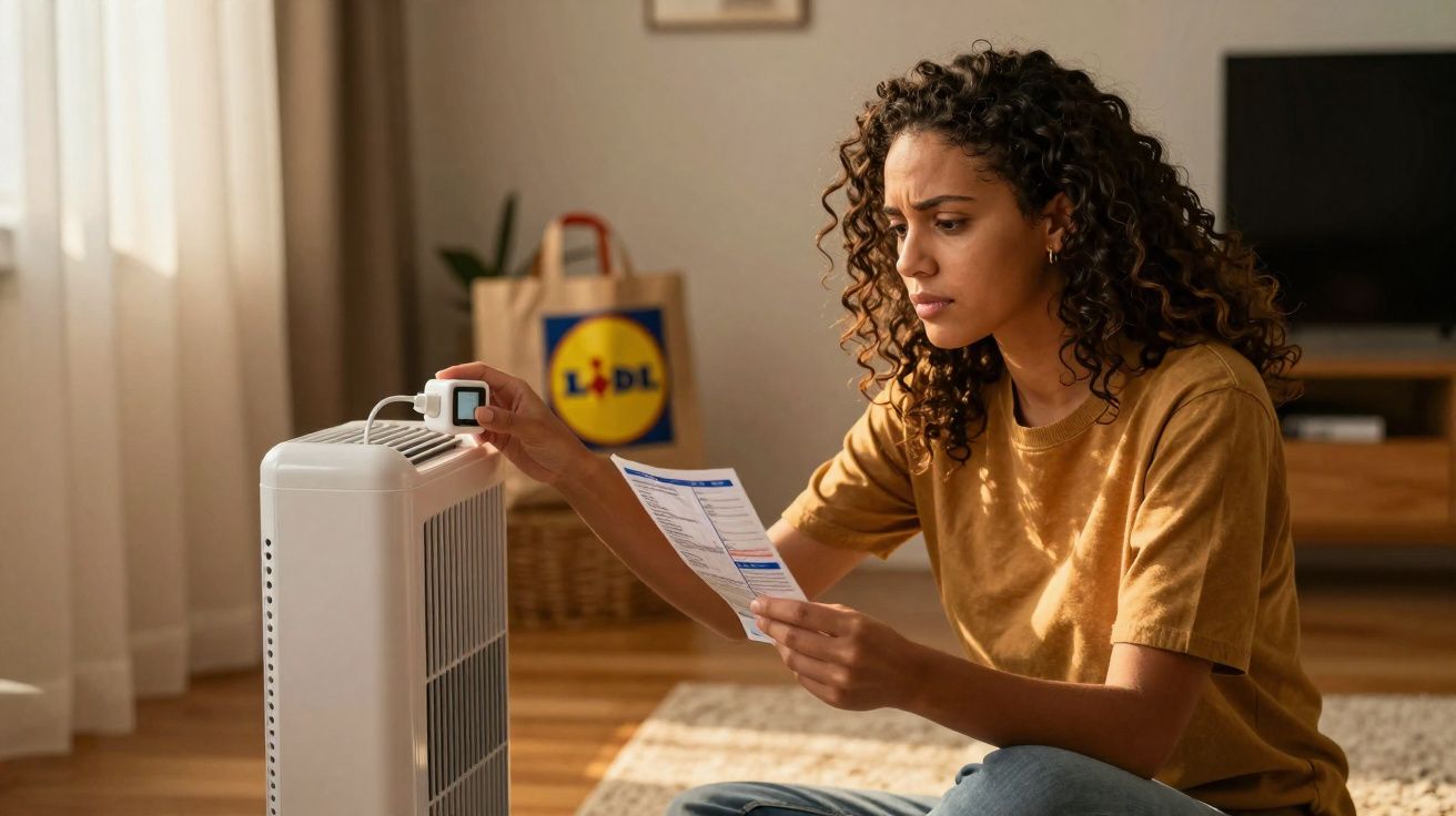 Woman sitting on the floor, checking a heating appliance with a price comparison device and a bill in hand.