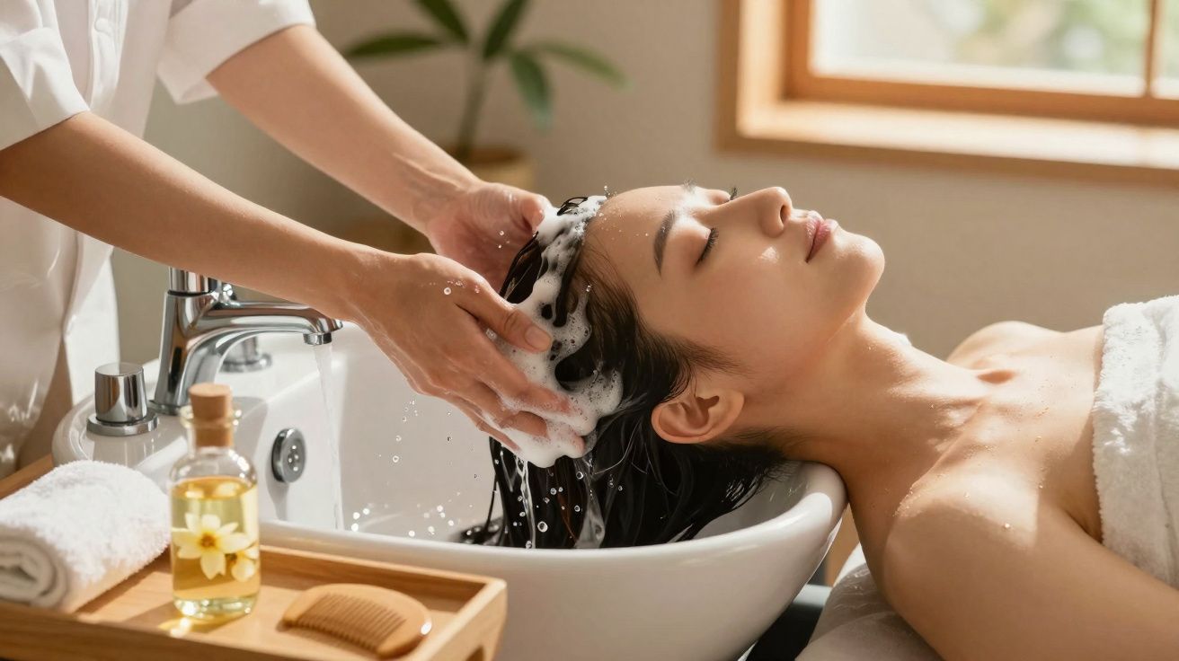 Woman relaxing with eyes closed while receiving a shampoo wash at a spa salon basin.
