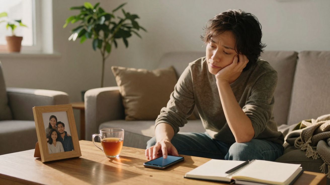 Young person sitting on a sofa looking sad while touching a smartphone on a wooden table with tea and a photo frame.