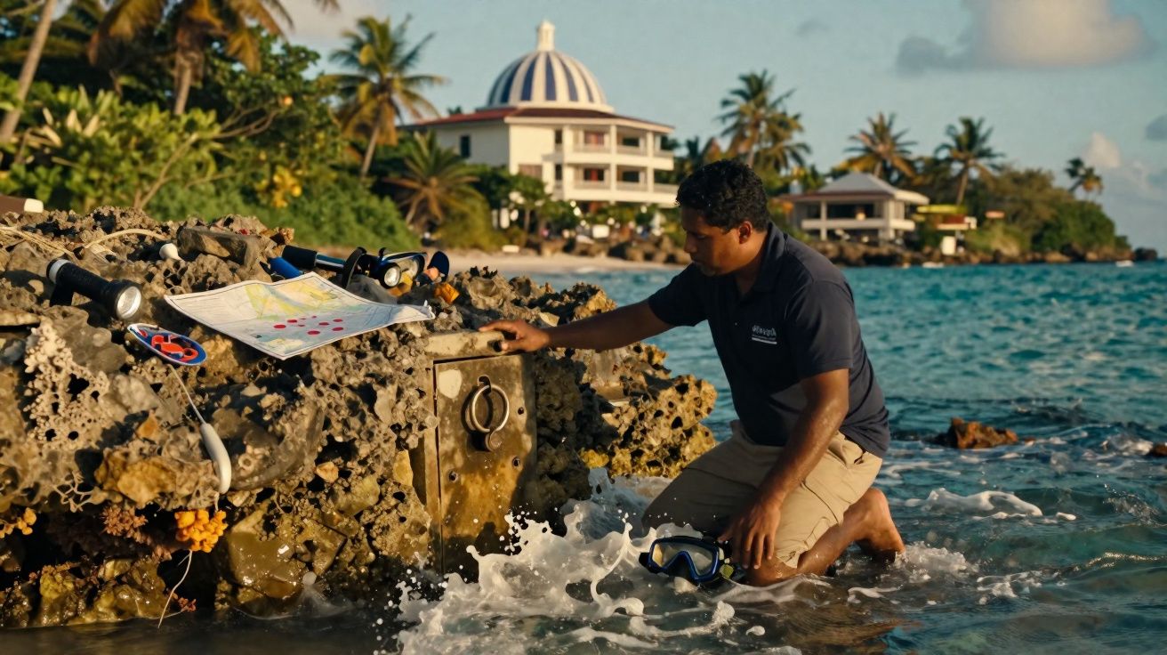 Man kneeling in shallow water next to coral reef, examining metal underwater hatch with snorkelling gear nearby.