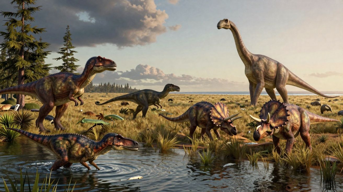 Various species of dinosaurs gather near a waterhole in a prehistoric grassland environment under a cloudy sky.