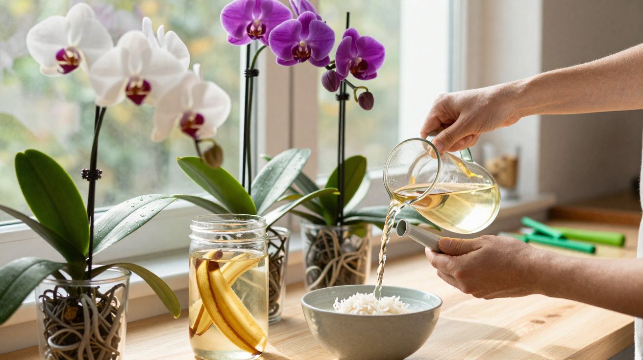 Hands pouring water from a glass jug into a bowl of rice on a windowsill with orchids and banana water jar.