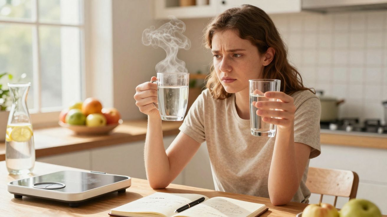 Young woman in kitchen holding steaming hot and cold glass of water, looking confused and uncertain.