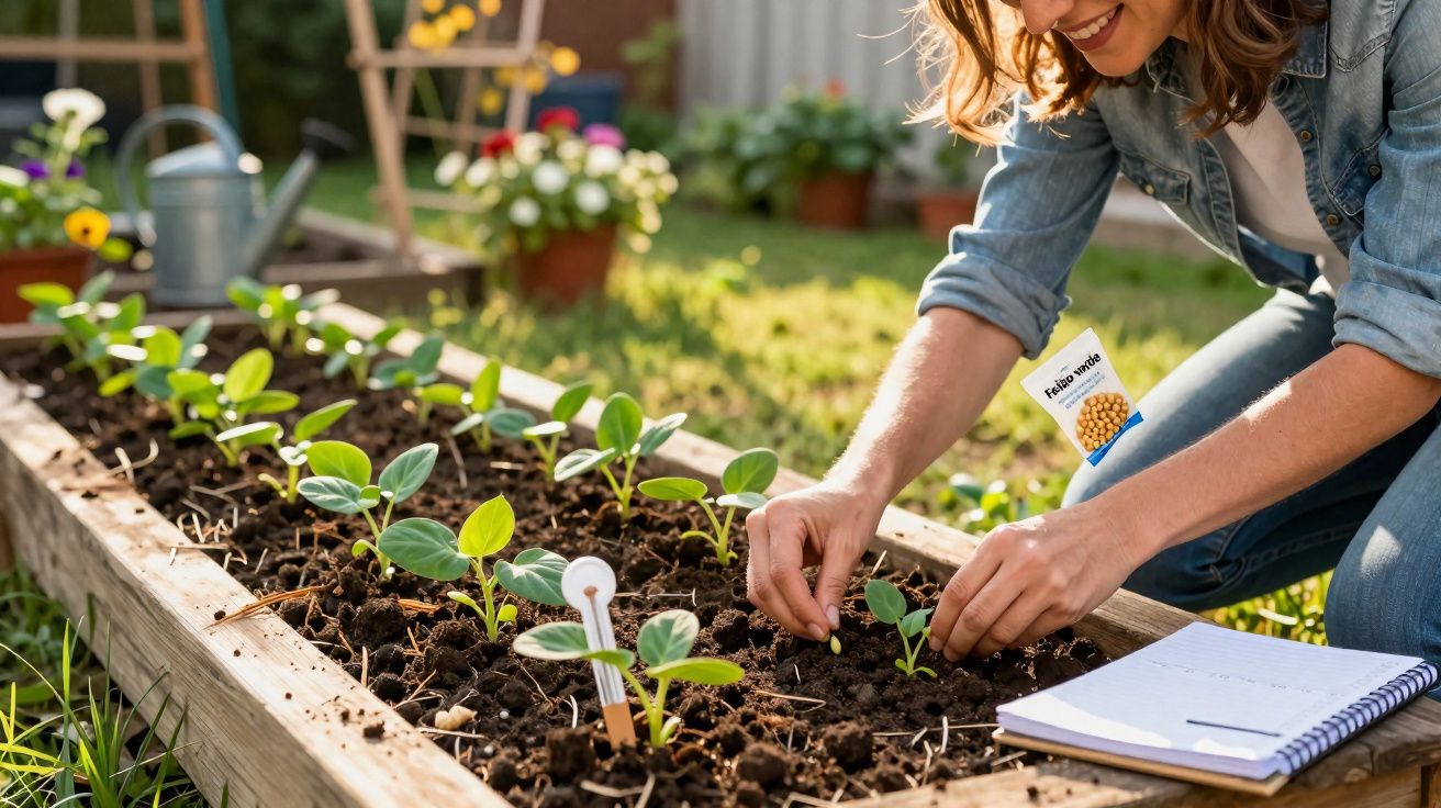 Person planting seedlings in a raised garden bed with gardening tools and a notebook nearby.