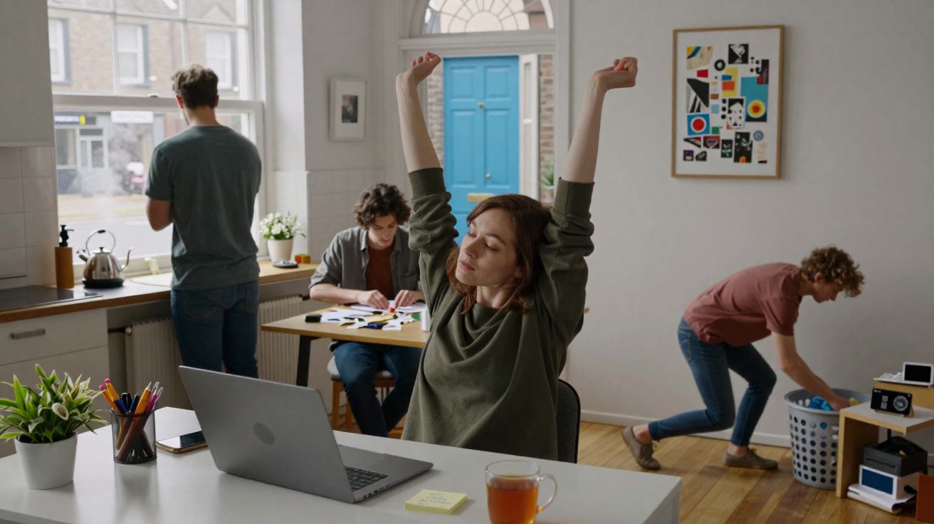 Four young adults in a bright room, one stretching at a laptop desk, others engaged in household tasks and crafts.