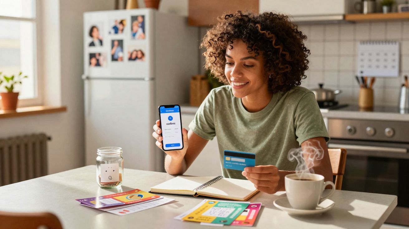Woman sitting at a kitchen table using a credit card and smartphone to make an online payment.