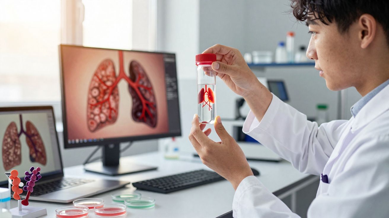 Scientist examining a 3D lung model in a clear jar with lung images displayed on computer screens in a lab.