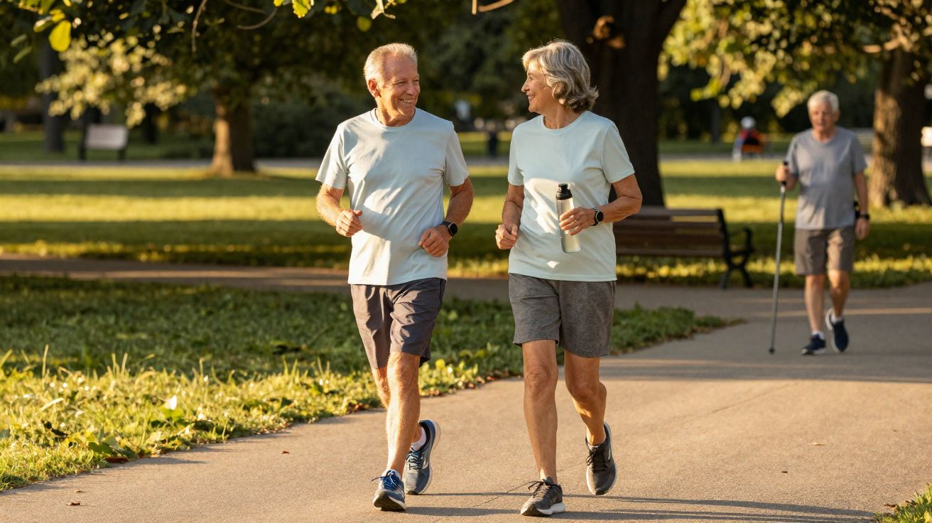 Two elderly people jogging and chatting on a park path with a person walking behind them.