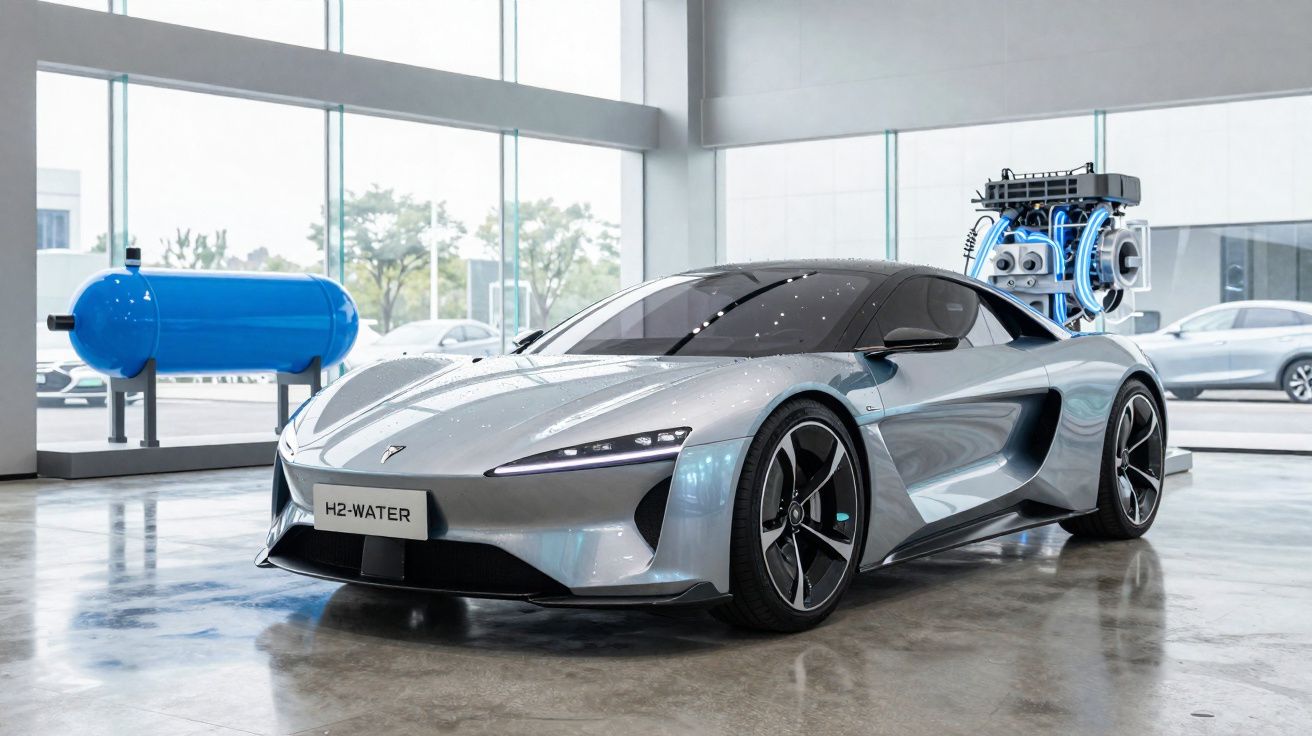 Silver hydrogen-powered sports car with H2-Water plate displayed in a modern showroom.
