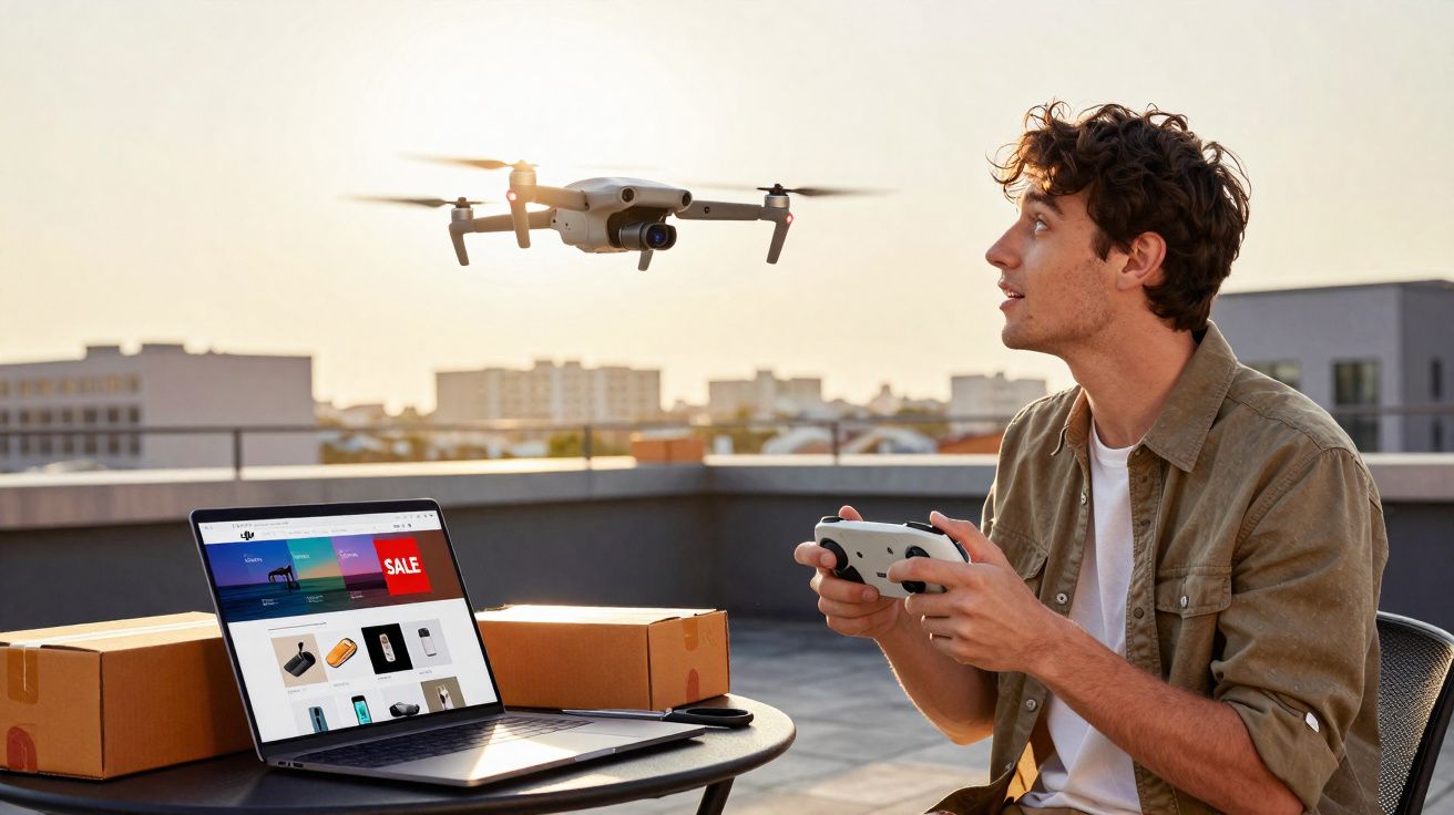 Young man flying a drone on a rooftop at sunset with laptop and delivery boxes on a table nearby.