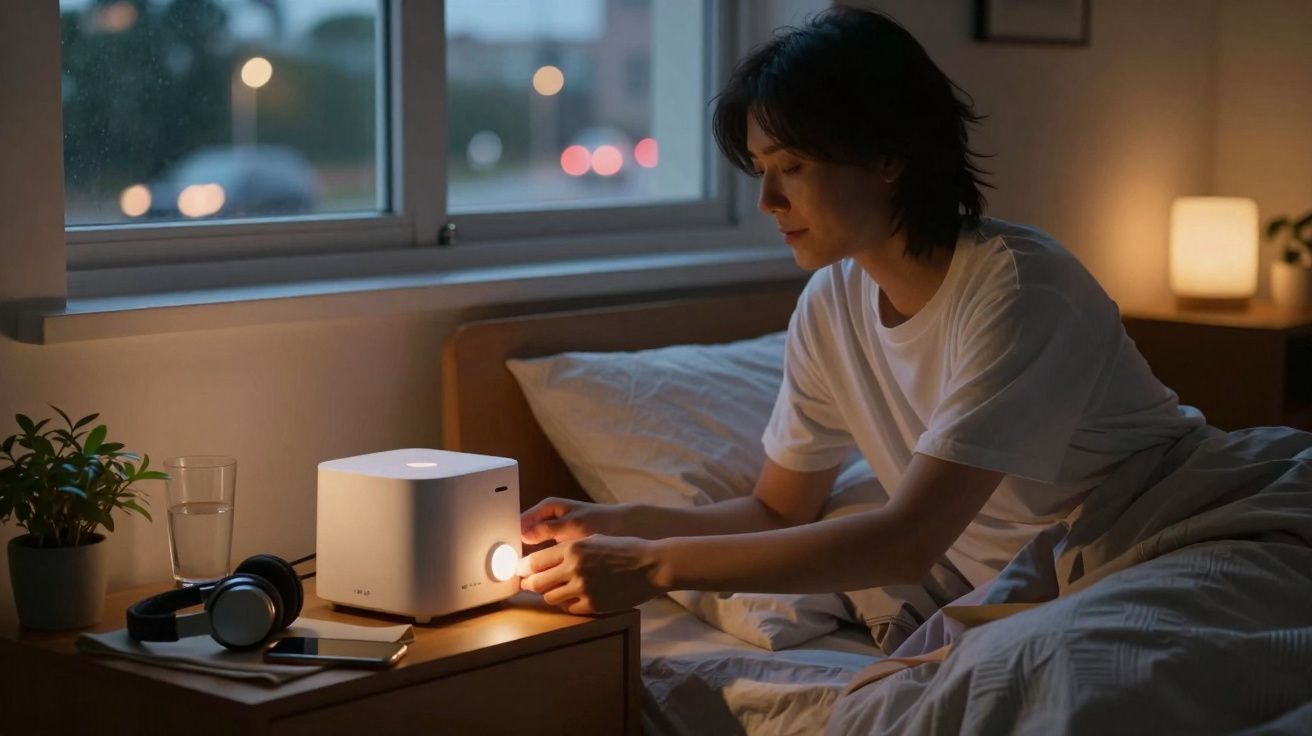 Person in white t-shirt adjusting a small white projector on a bedside table in a dimly lit bedroom.