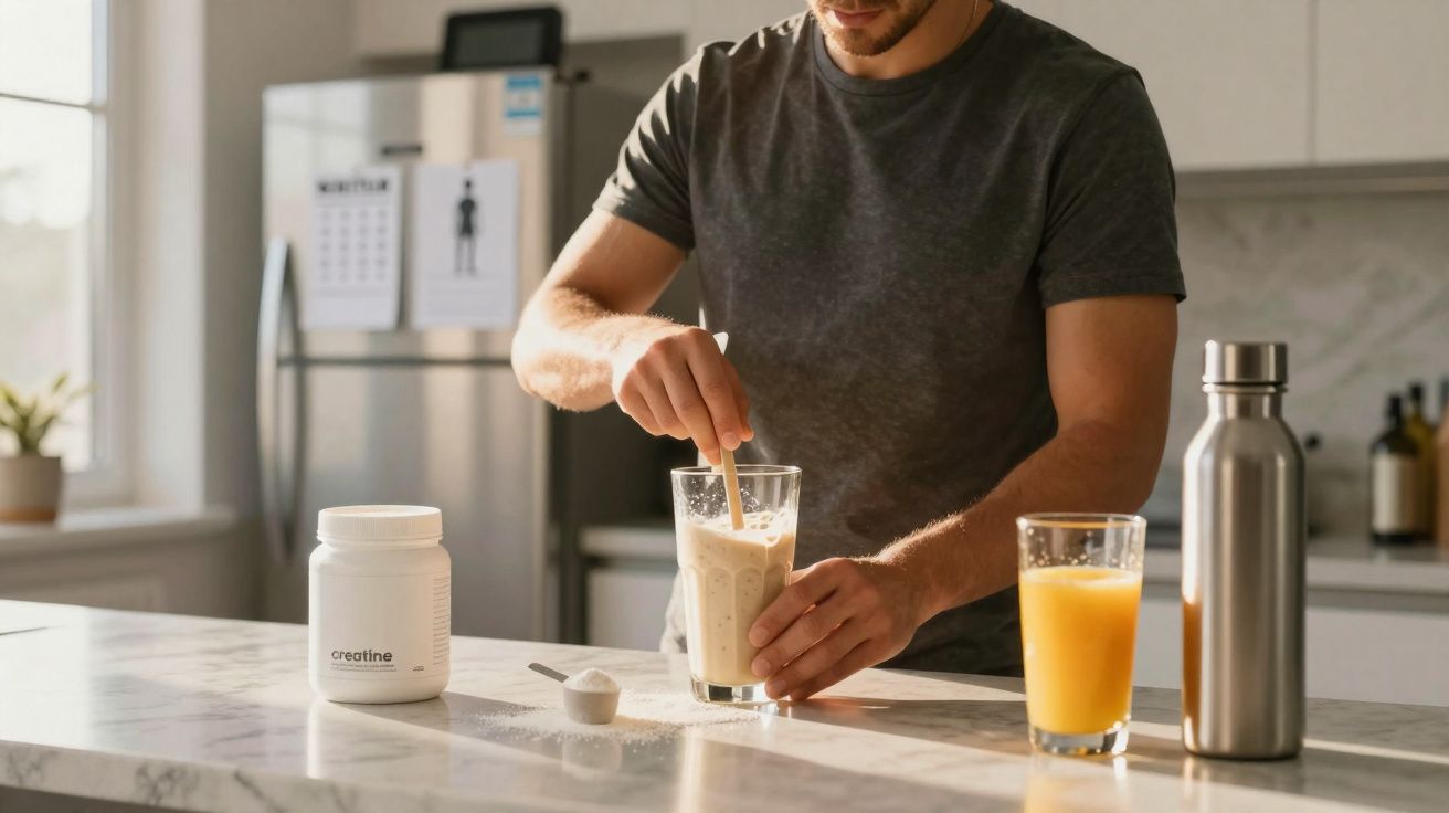Man stirring a protein shake in a glass on a kitchen counter with a creatine container and orange juice nearby