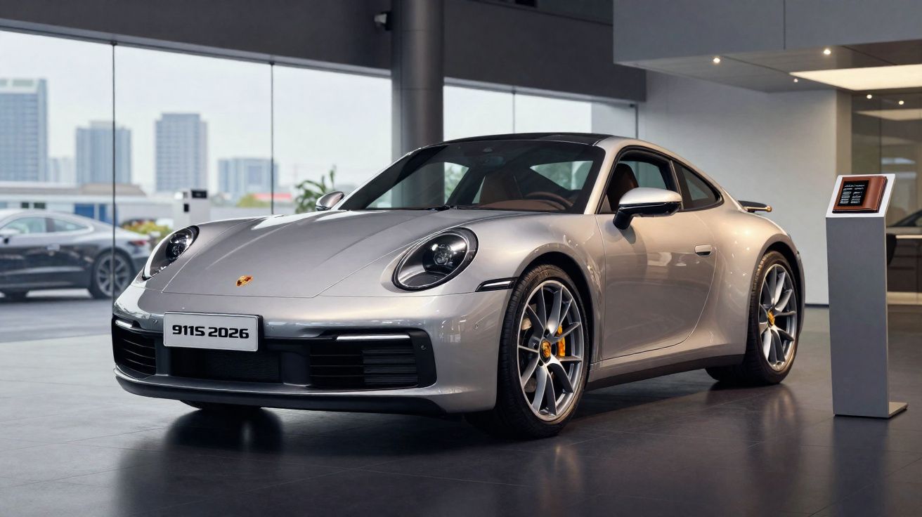 Silver Porsche 911 Carrera 2026 model displayed indoors with city skyline visible through large windows.