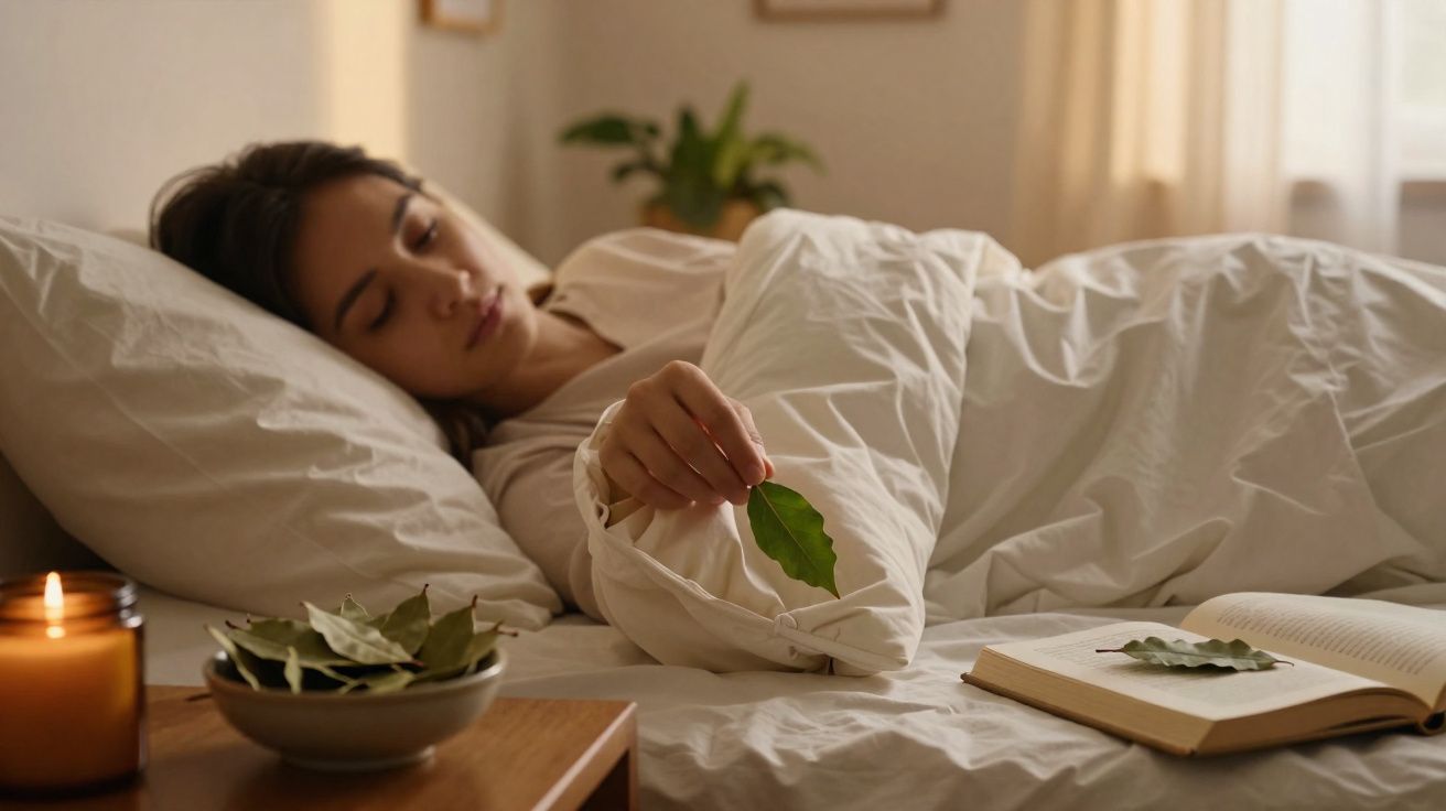 Person lying in bed holding a green leaf, with a bowl of leaves, a candle, and an open book on the bedside table.