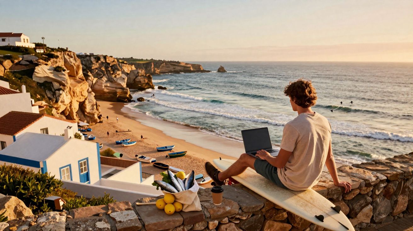 Young man with laptop sitting on surfboard by coastal cliff overlooking beach and ocean at sunset