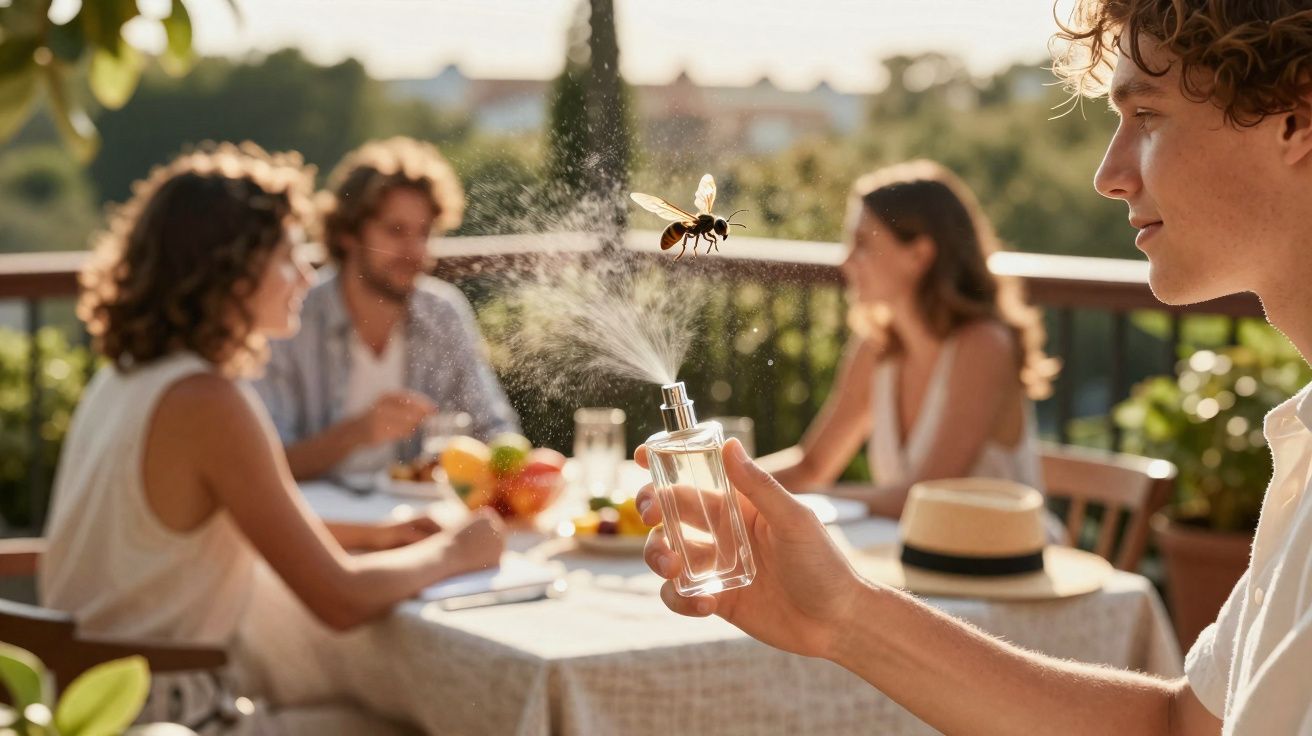 Person using a spray bottle with a bee flying near the spray while three people sit at an outdoor table.
