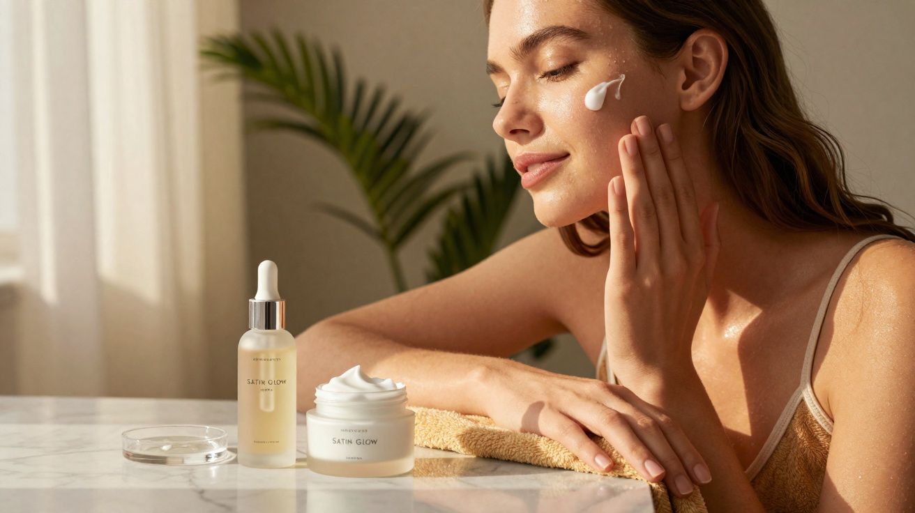 Woman applying cream to her cheek with skincare products on a marble surface by a bright window.