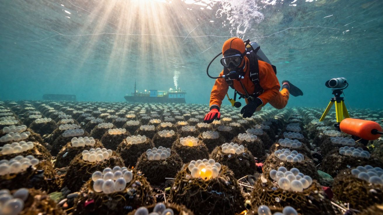Diver in orange suit inspecting clusters of underwater seaweed with bubbles, sunlight filtering through water surface.