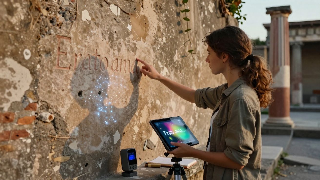 Woman using a tablet to project holographic text and constellation on an ancient stone wall outdoors.
